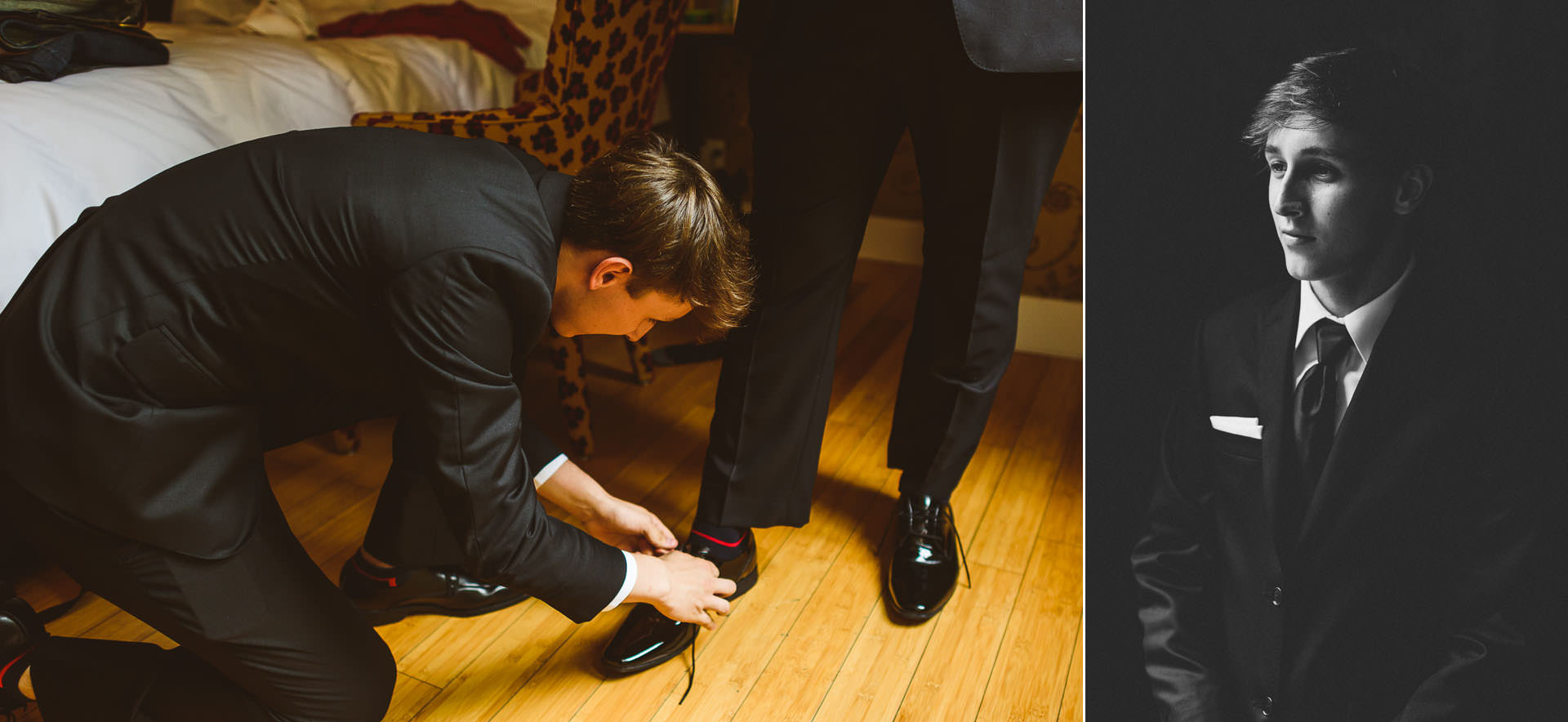 nephew helping groom with shoes and portrait