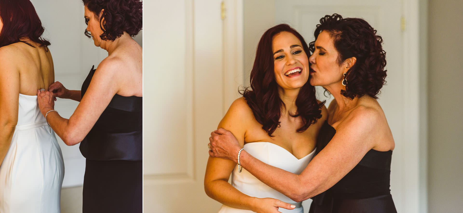 Mom helping bride with dress